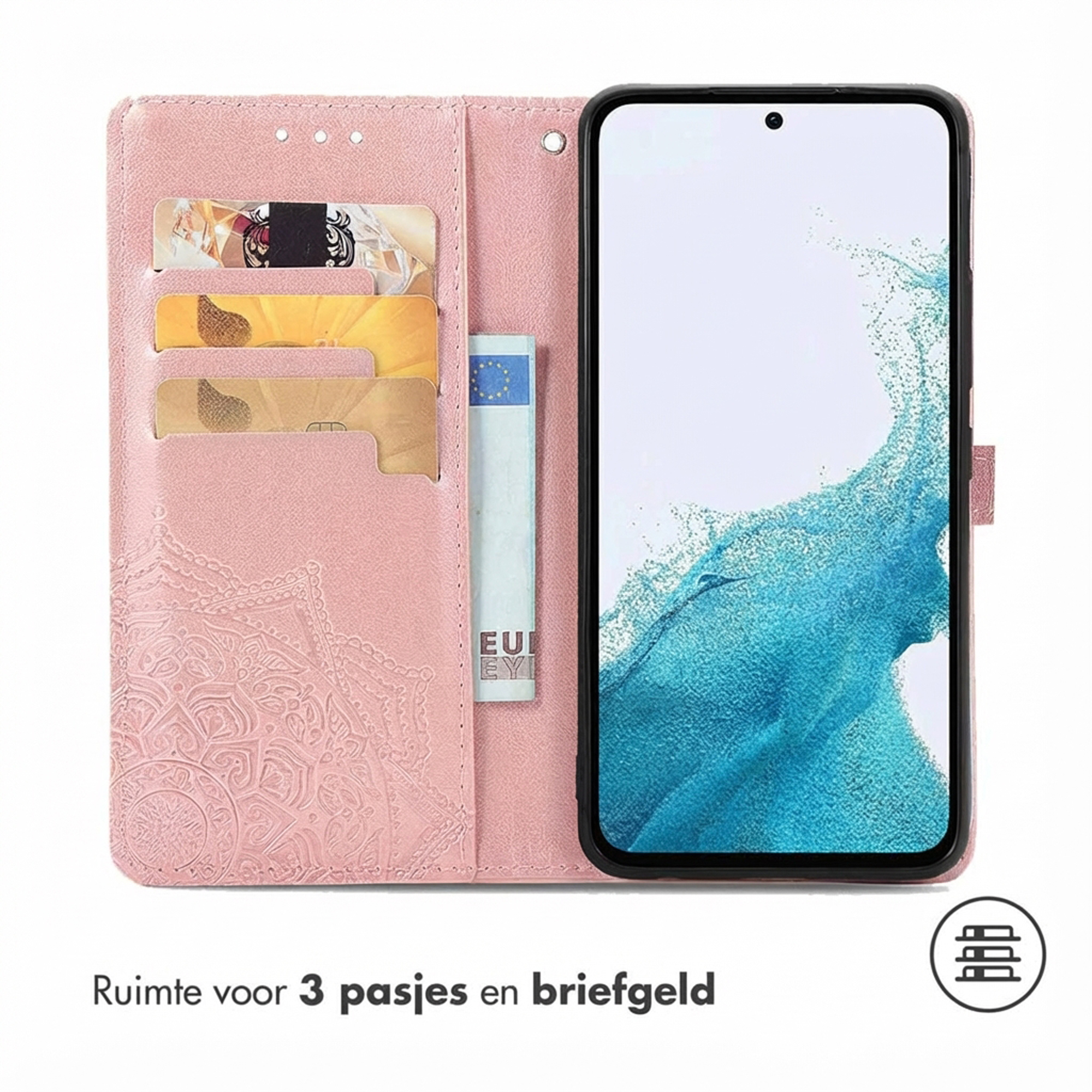 Een roze telefoonhoesje met kaarthouders en een bankbiljet. Een telefoon is geplaatst.