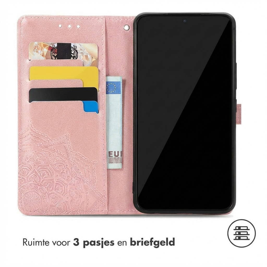 Roze telefoonhoesje met kaarthouders en een bankbiljet.