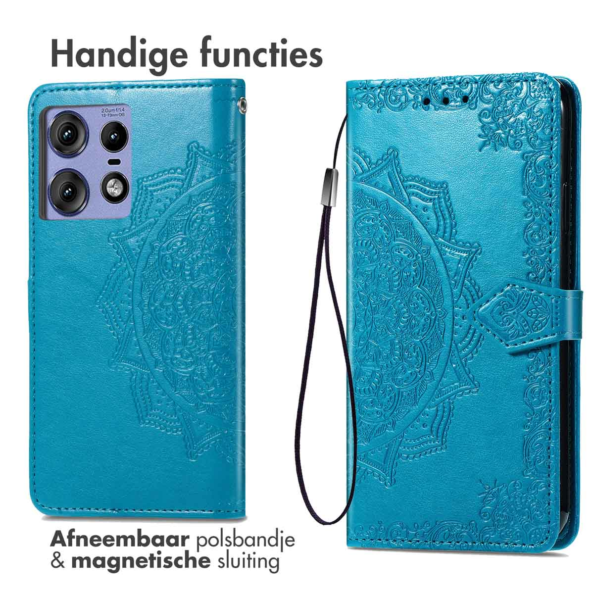 Custodia per telefono turchese con mandala in rilievo, cinturino staccabile e chiusura magnetica.