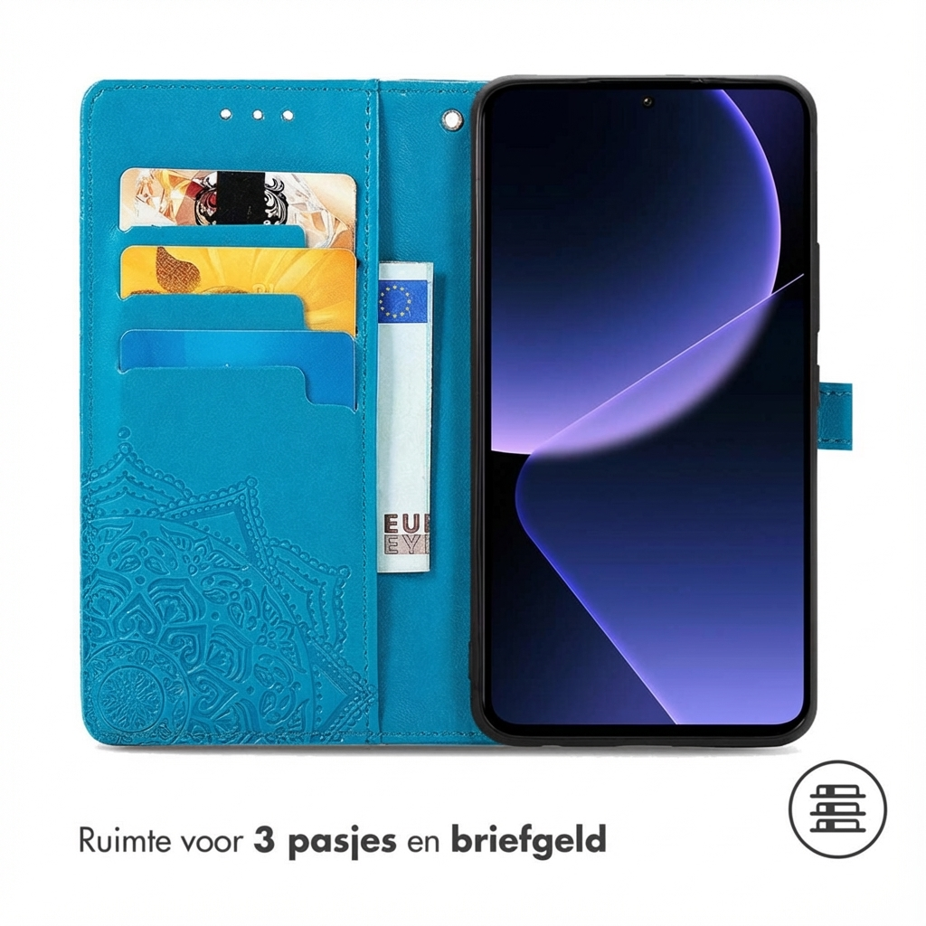 Een blauwe telefoonhoes met kaarthouders en een mandala-reliëf.