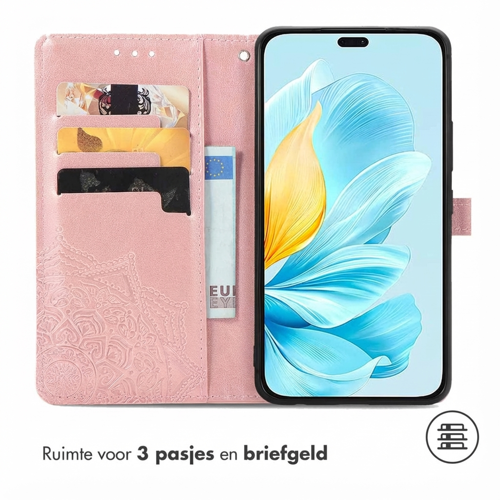 Étui de téléphone rose avec emplacements pour cartes, un billet en euros et un smartphone avec fond floral.