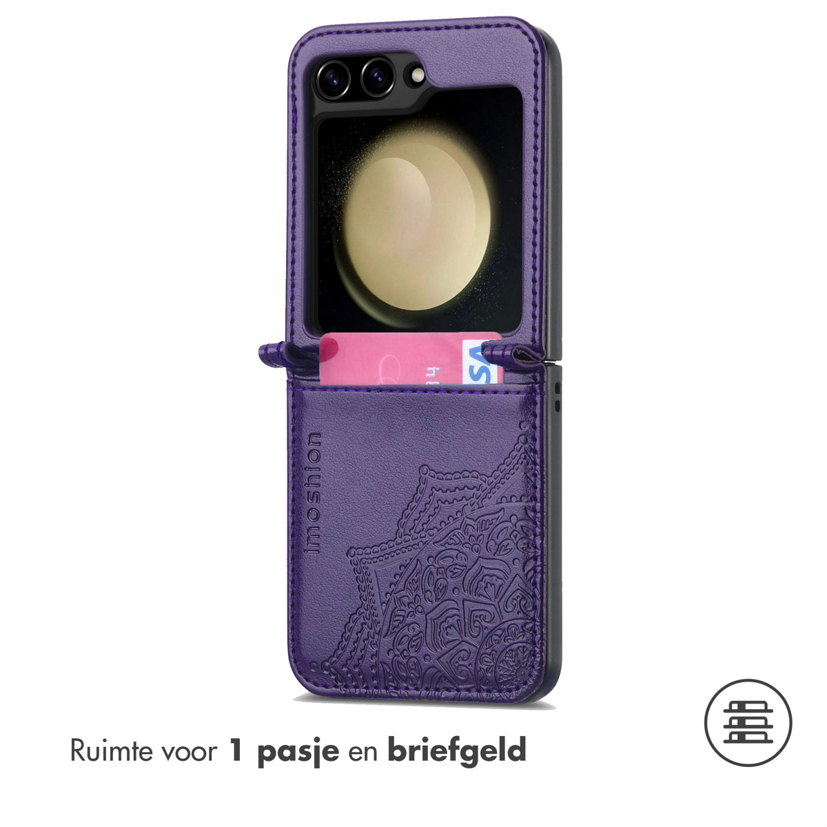 Étui violet pour téléphone avec fente pour carte.