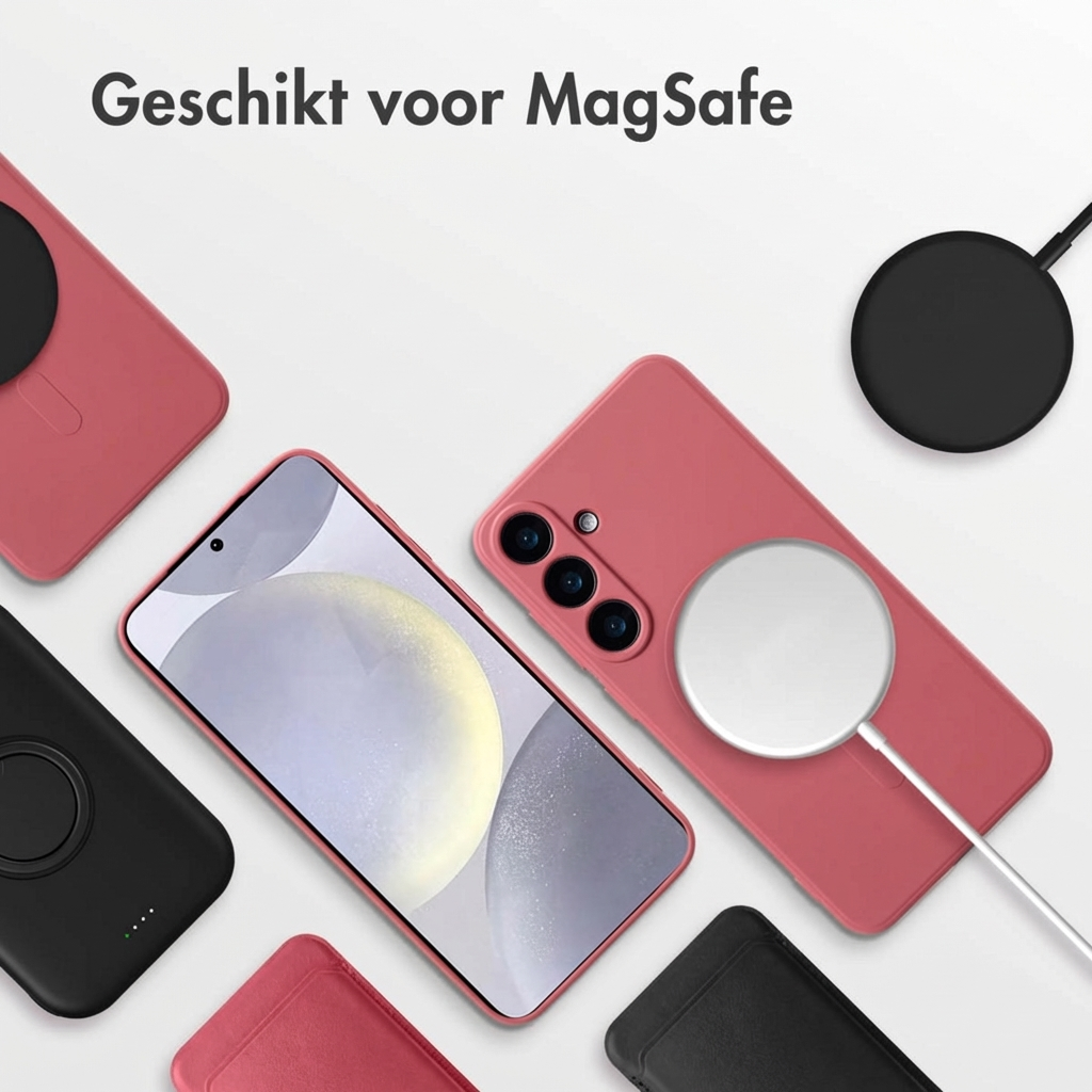 Roze telefoonhoesje met MagSafe-oplader en zwart snoer. Meerdere hoesjes en opladers verspreid.