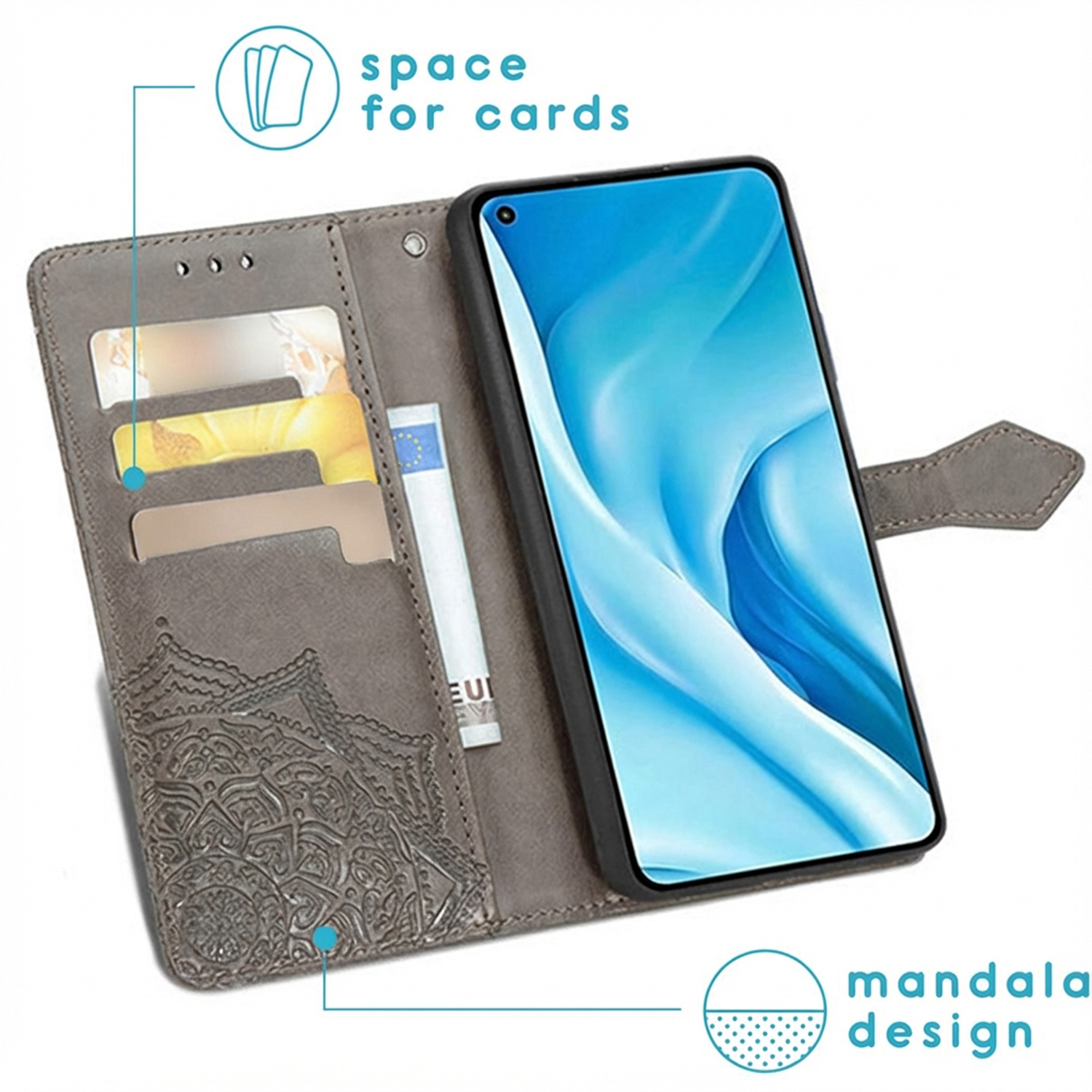 Étui de téléphone gris avec fentes pour cartes, motif mandala et un billet en euros.