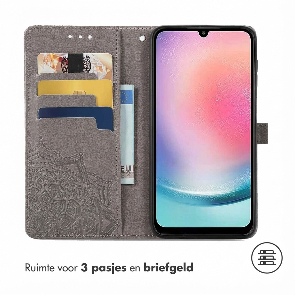 Grijze telefoonhoes met kaartsleuven en mandala-ontwerp. Toont een smartphone.