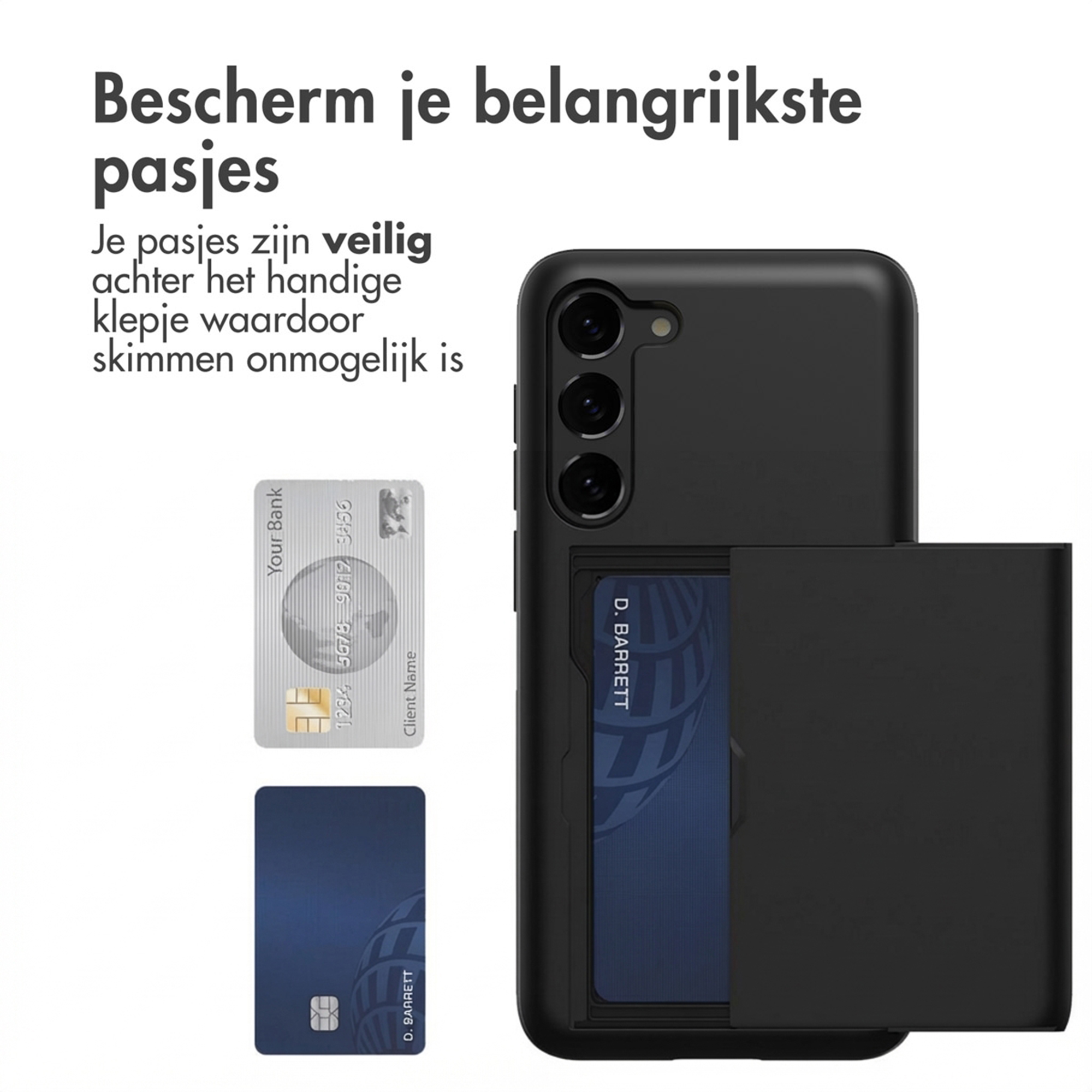 Coque de téléphone noire avec fentes pour cartes. Montre des cartes argentées et bleues.