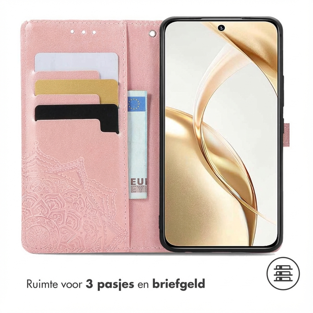 Una custodia rosa per telefono con slot per carte e una banconota.