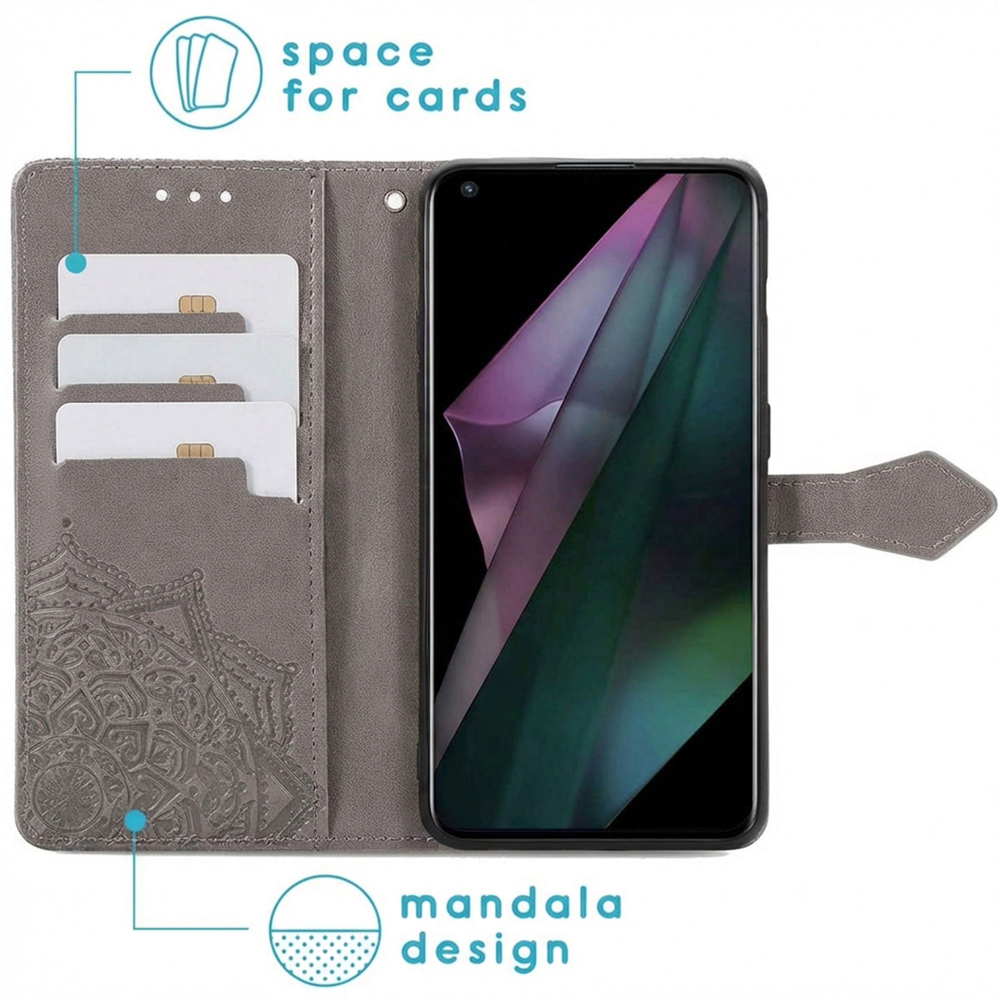 Grijze telefoonhoes met kaartsleuven en mandala-ontwerp.