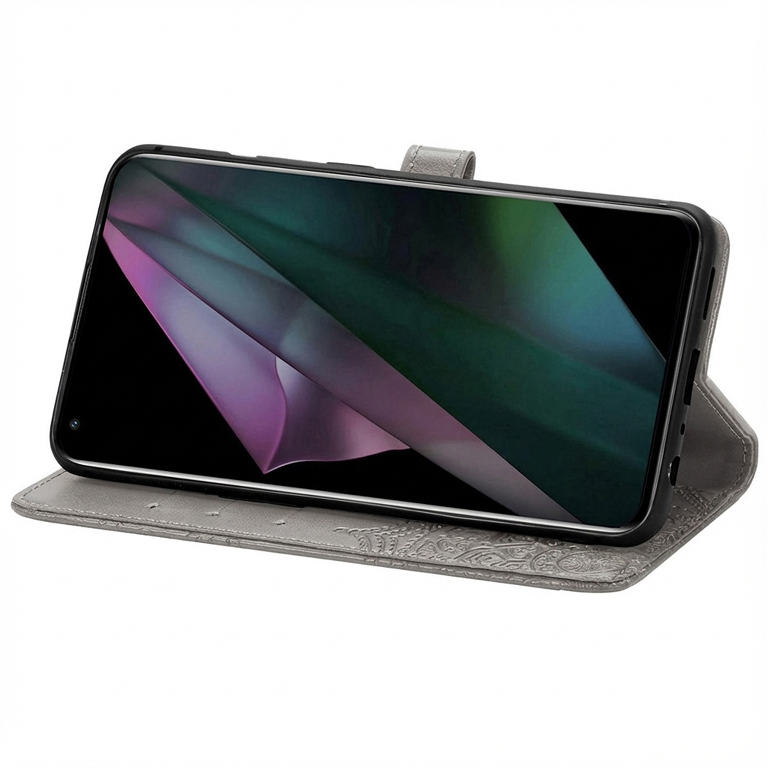Een grijze telefoonhoes met een telefoon die een paarse en groene abstracte achtergrond toont.