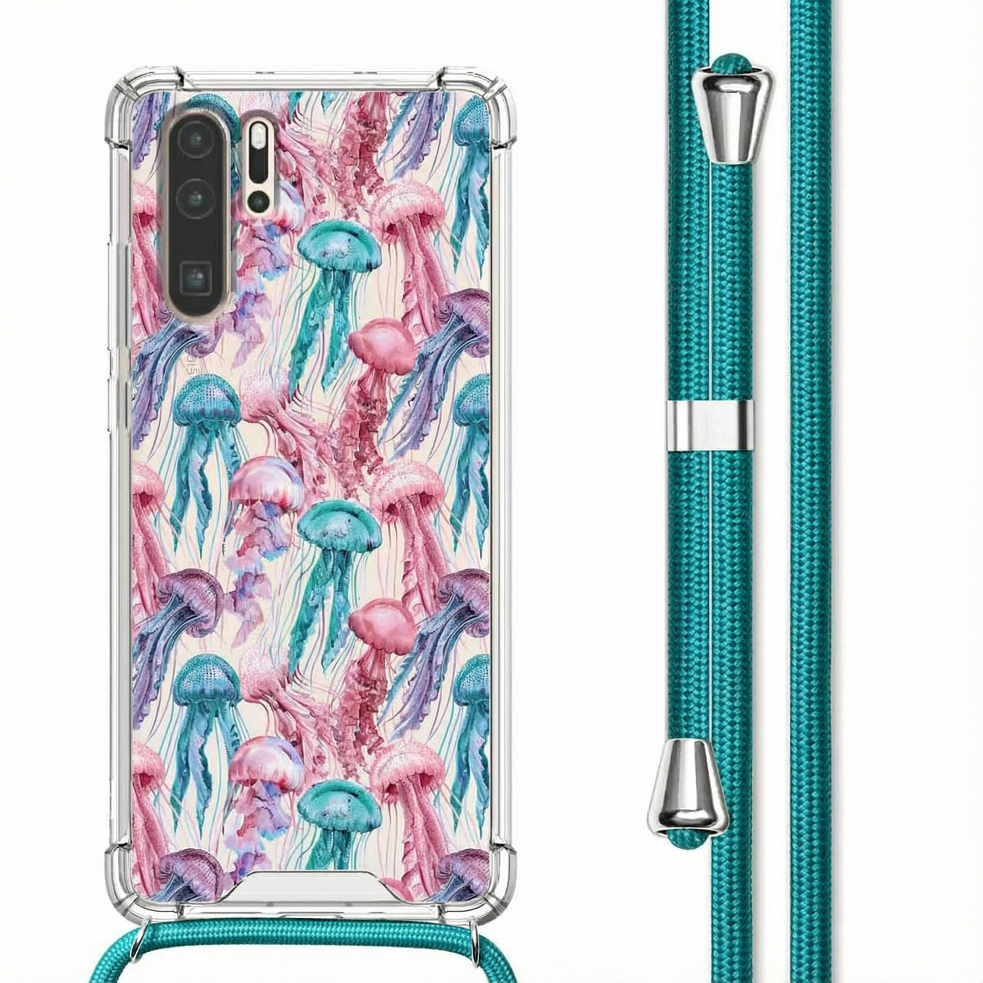 Telefoonhoes met roze, blauw en paars kwallenpatroon. Turkse lanyard met zilveren beslag.