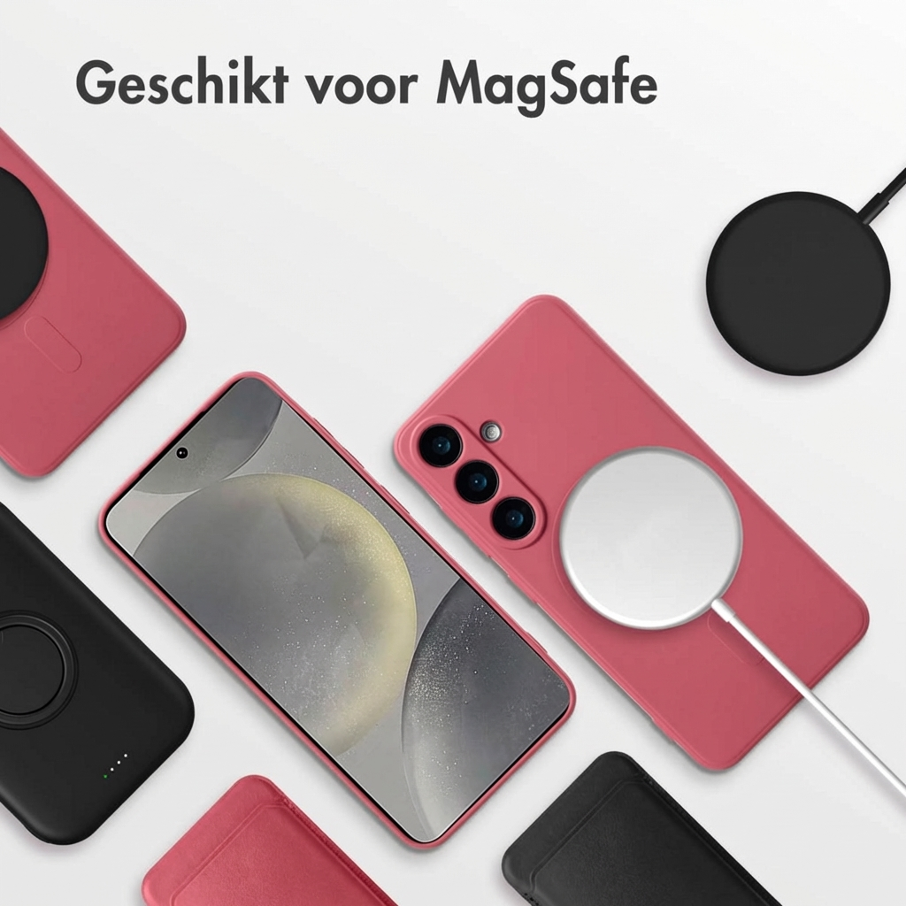 Een smartphone met roze hoesje, MagSafe lader en accessoires.