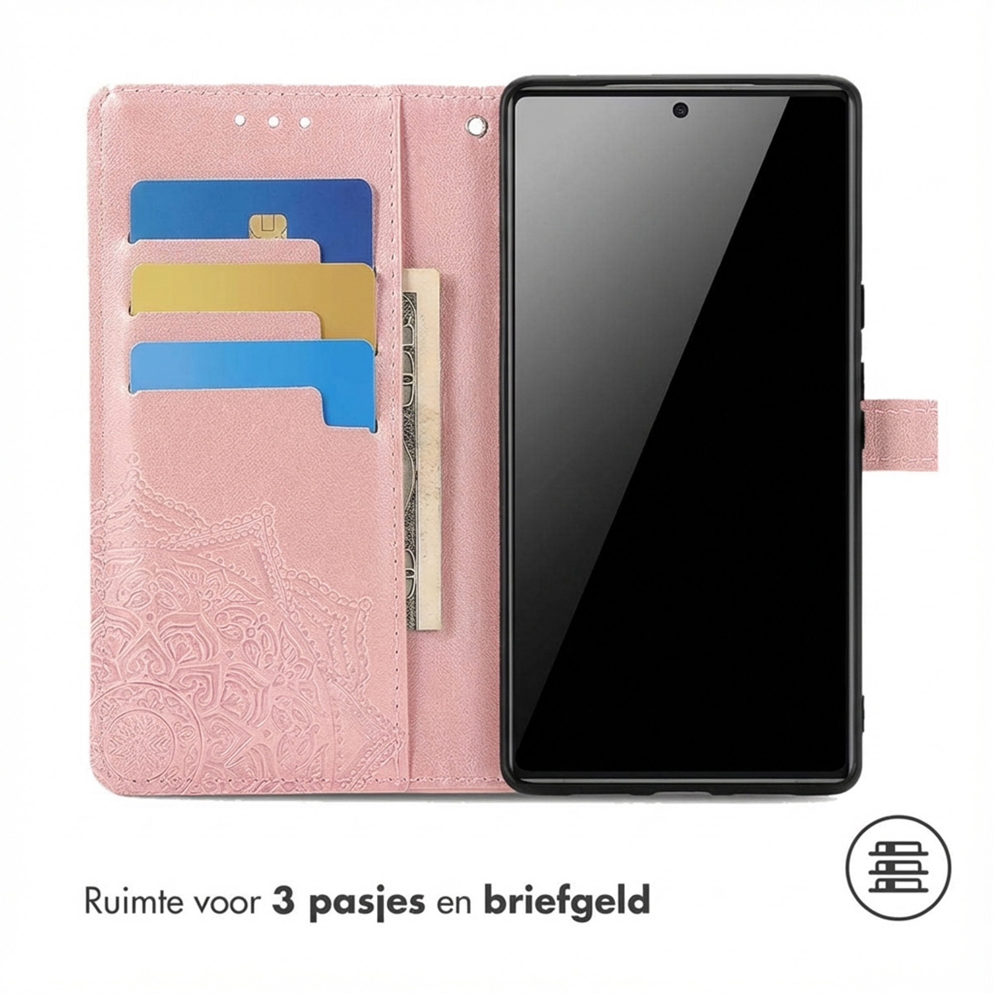 Een roze telefoonhoes met 3 kaartsleuven en geldvak. Daarnaast een zwarte smartphone.