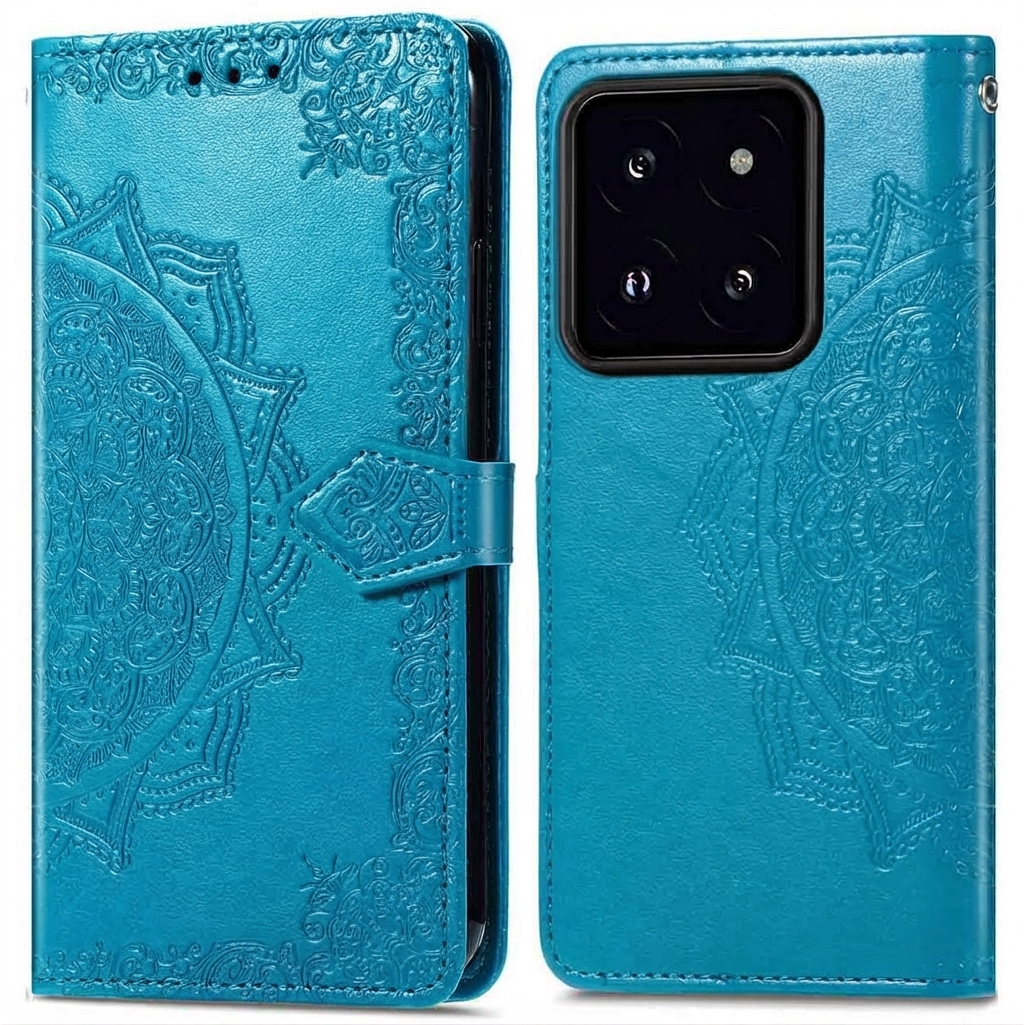 Étui de téléphone turquoise à motif mandala en relief, ouvert.