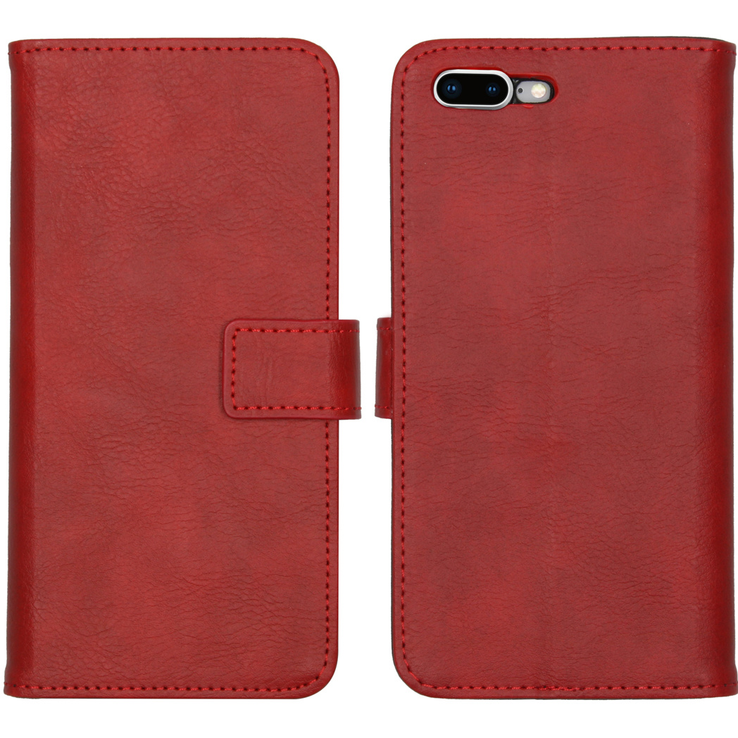 Rood leren flip telefoonhoesje met magneetsluiting en zichtbare stiksels.