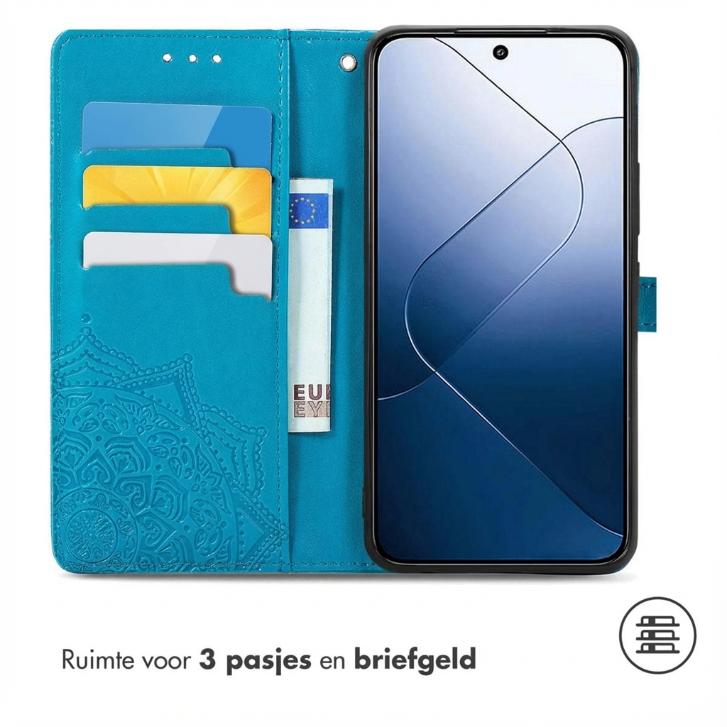 Un étui de téléphone bleu avec des fentes pour cartes et une poche à billets.