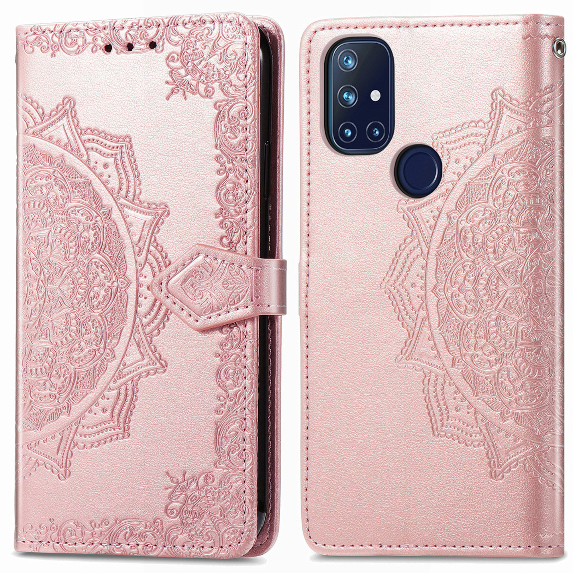 Roze telefoonhoes met reliëf mandala en camera-uitsparing.