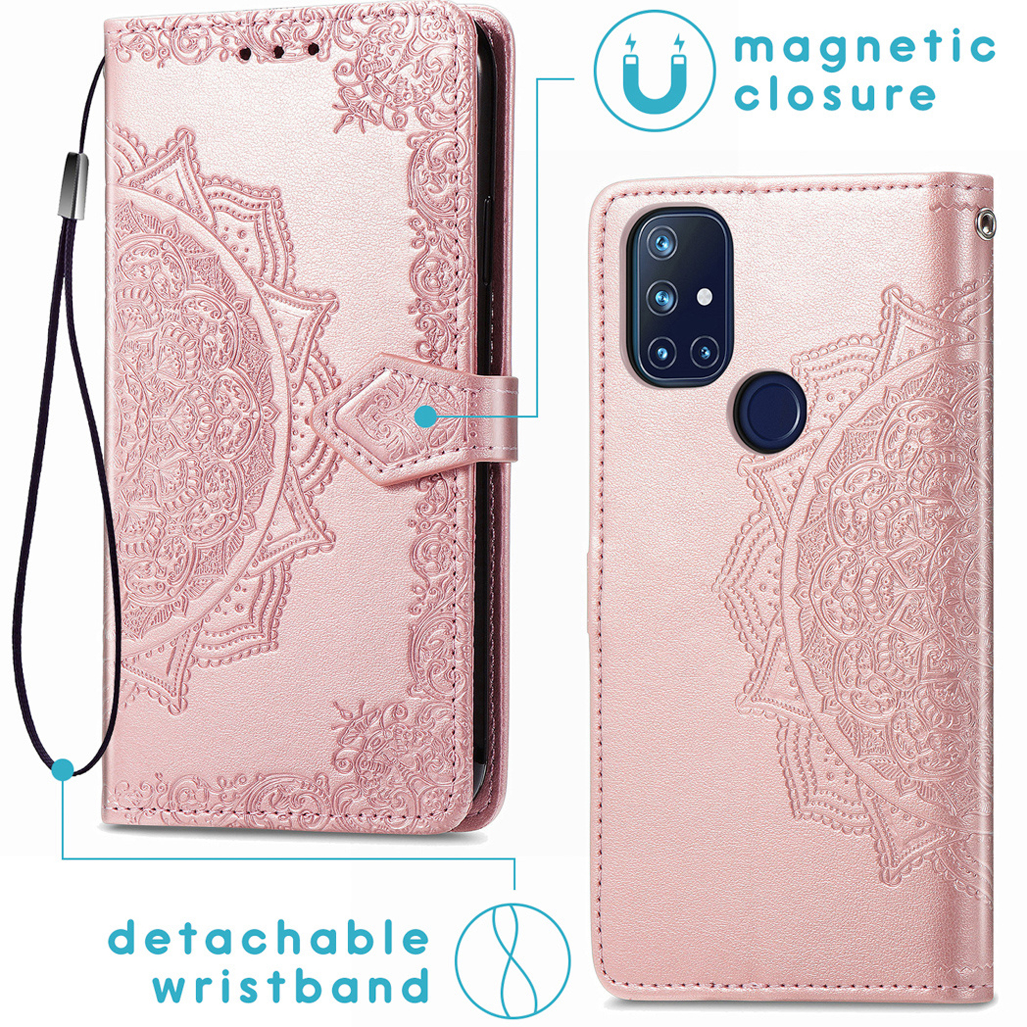 Een roze mandala telefoonhoesje met afneembare polsband en magneetsluiting.