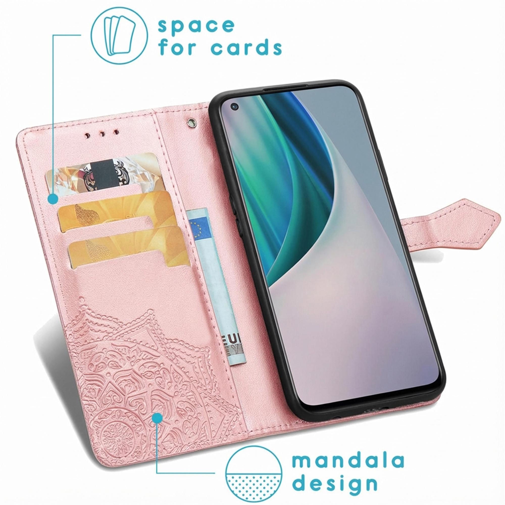 Roze telefoonhoesje met mandala-ontwerp, kaartsleuven en een telefoon.