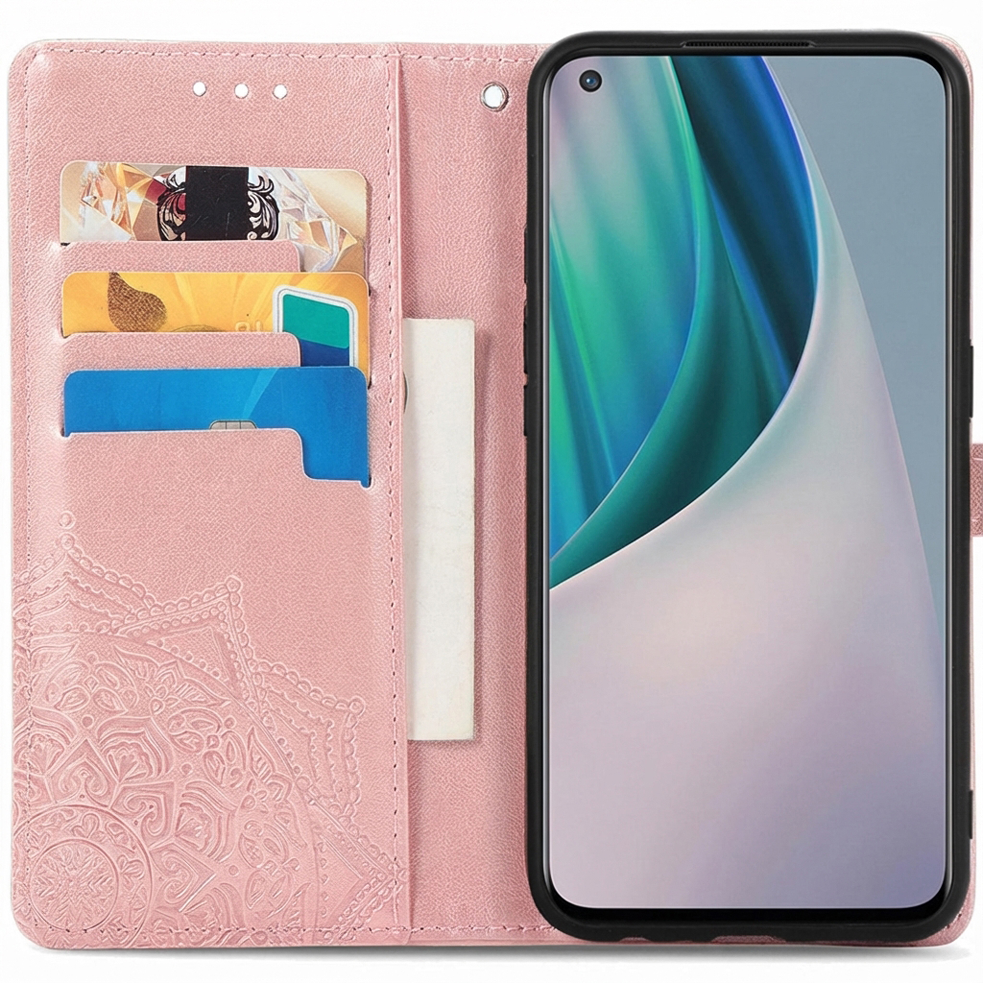 Een roze boek-telefoonhoes met kaartsleuven en een mobiele telefoon.