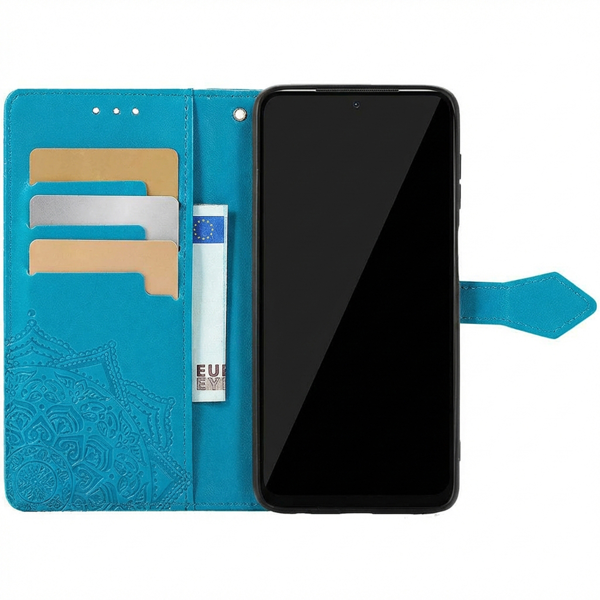 Turquoise telefoonhoesje met kaarthouders en telefoon.