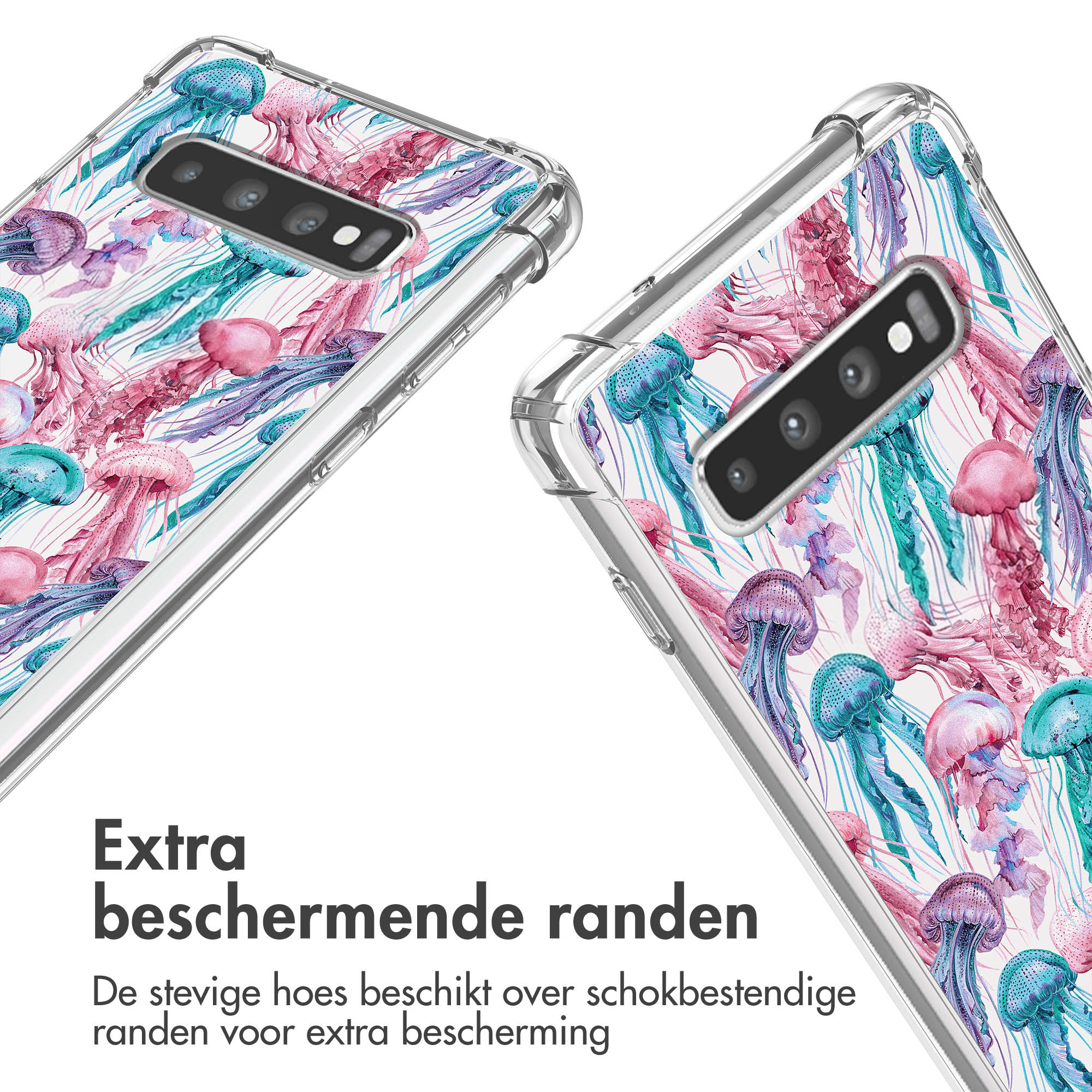 Une coque de téléphone avec un motif de méduses roses et bleues sur fond blanc.