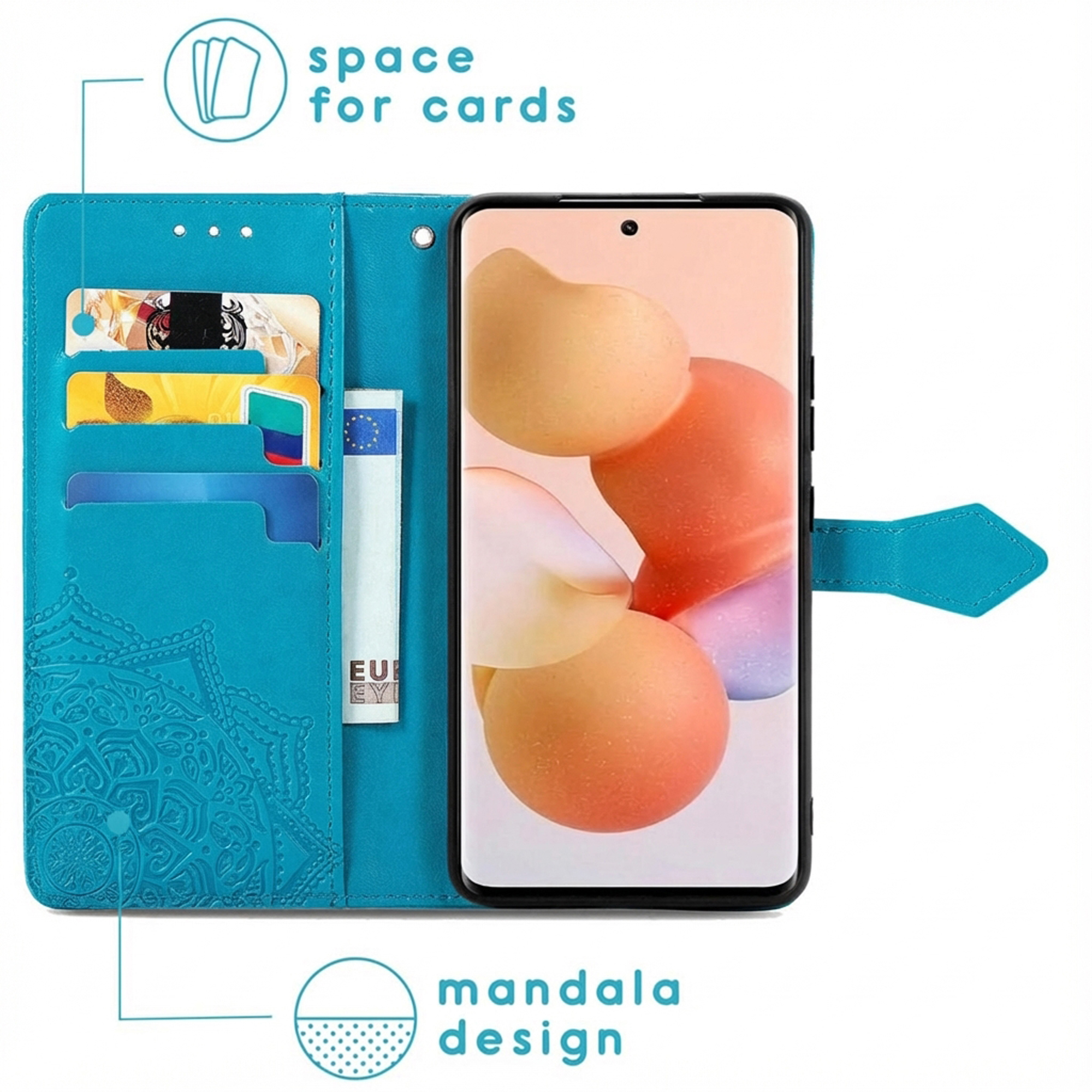 Turquoise telefoonhoesje met kaartsleuven, mandala-ontwerp en bankbiljetten.