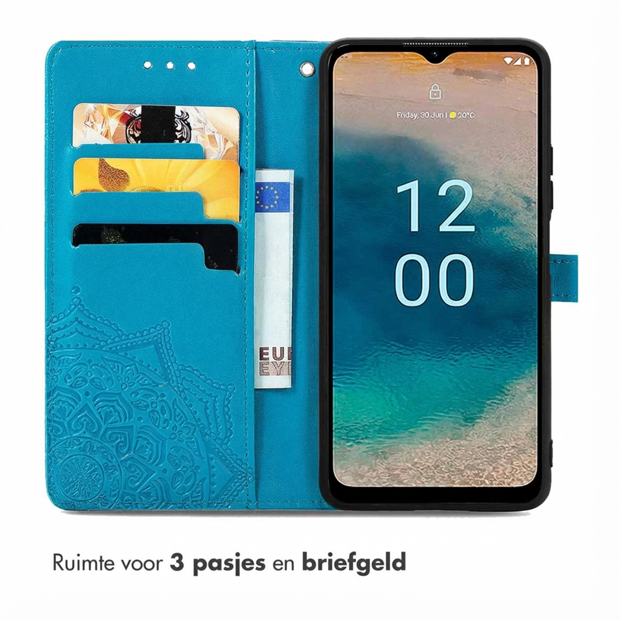 Blaues Handycover mit Kartenfächern und Handy. Mandala-Muster.