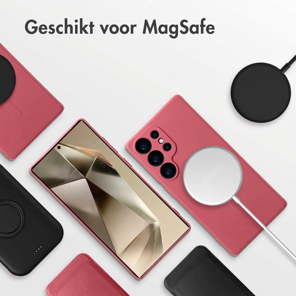 Een roze smartphone met MagSafe lader, omringd door roze en zwarte hoesjes.