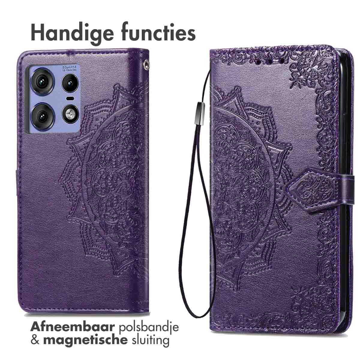 Custodia viola per telefono con mandala in rilievo, cinturino e chiusura magnetica.