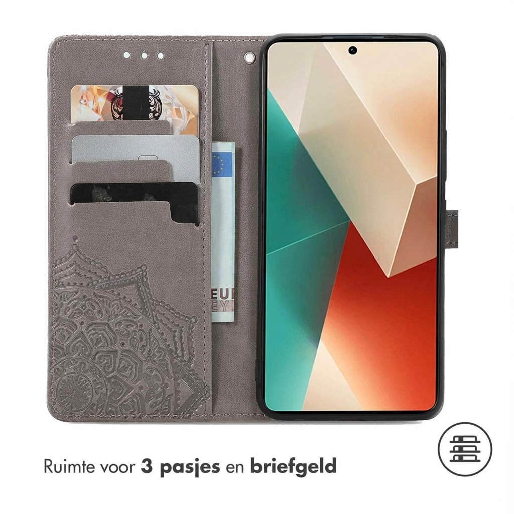 Grijze portemonnee telefoonhoes met kaartsleuven en telefoon. Mandala-ontwerp.
