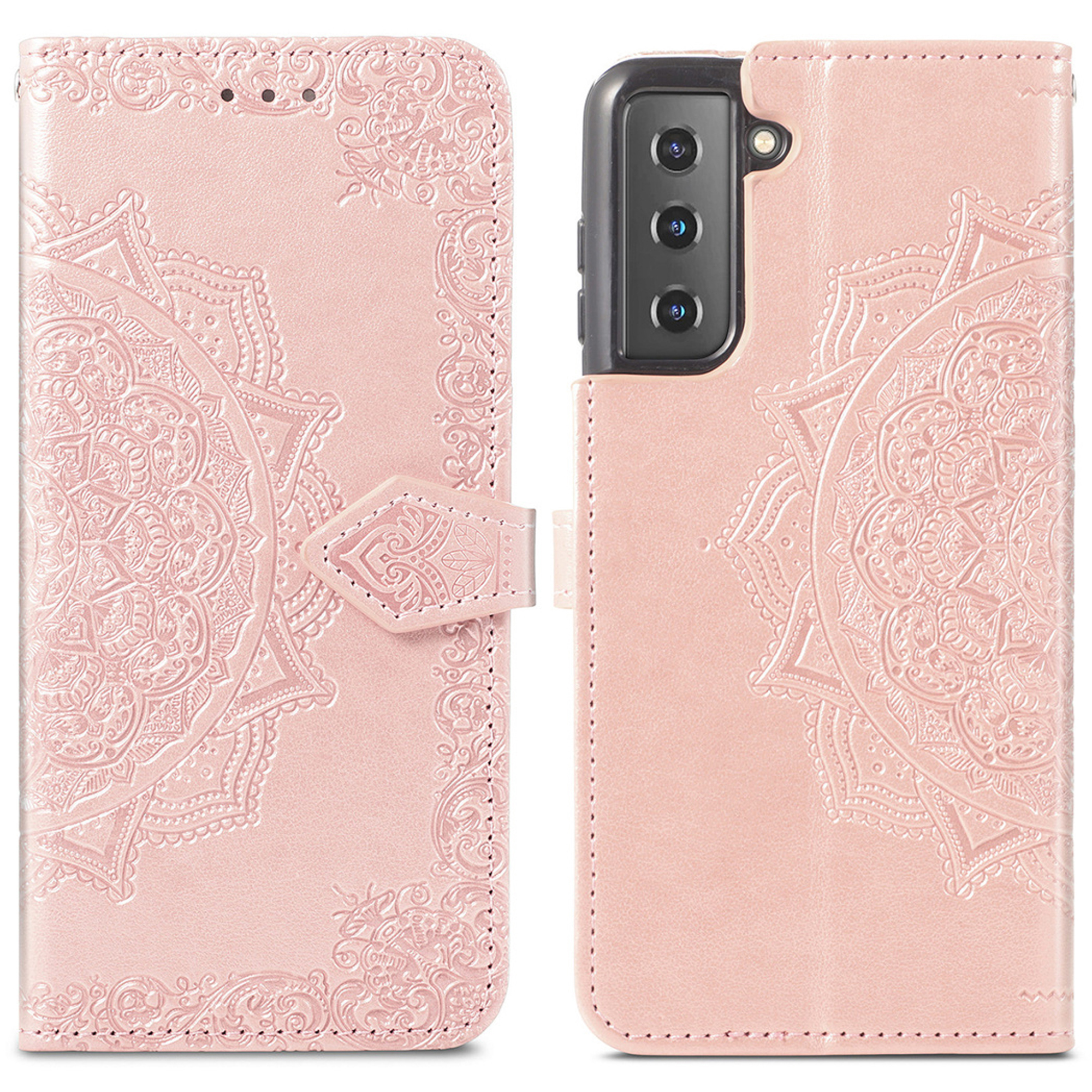 Een roze telefoonhoesje met mandalapatroon, open getoond.