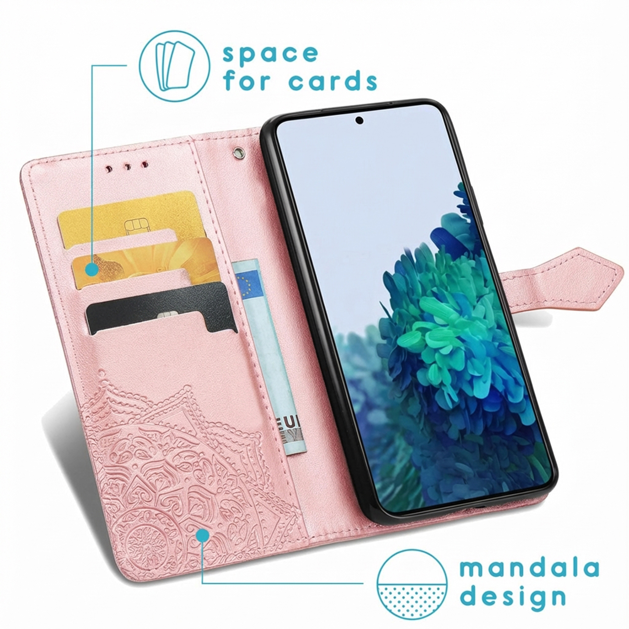 Roze telefoonhoesje met kaarthouders, mandala-ontwerp en telefoon.