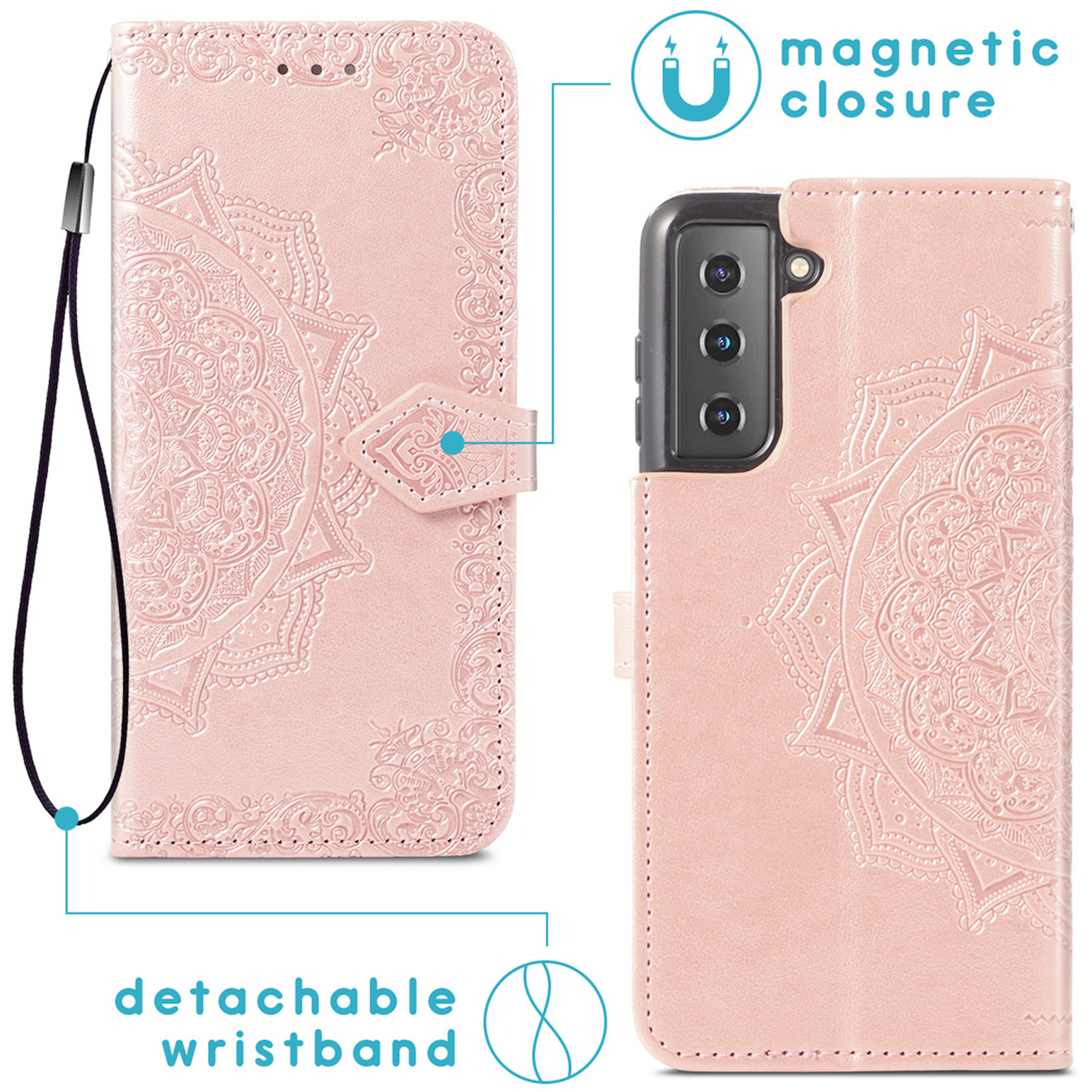 Een roze mandala-patroon op een telefoonhoesje met afneembare polsband.