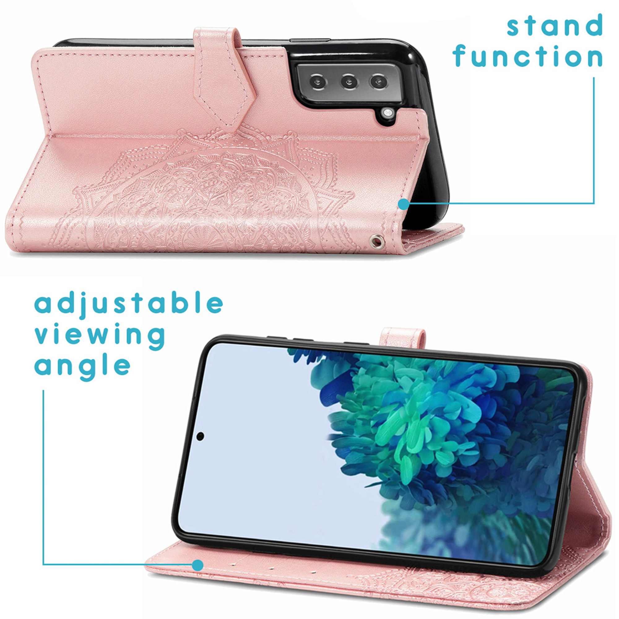 Een roze telefoonhoes met mandala-reliëf, getoond in standaard- en kijkmodus.