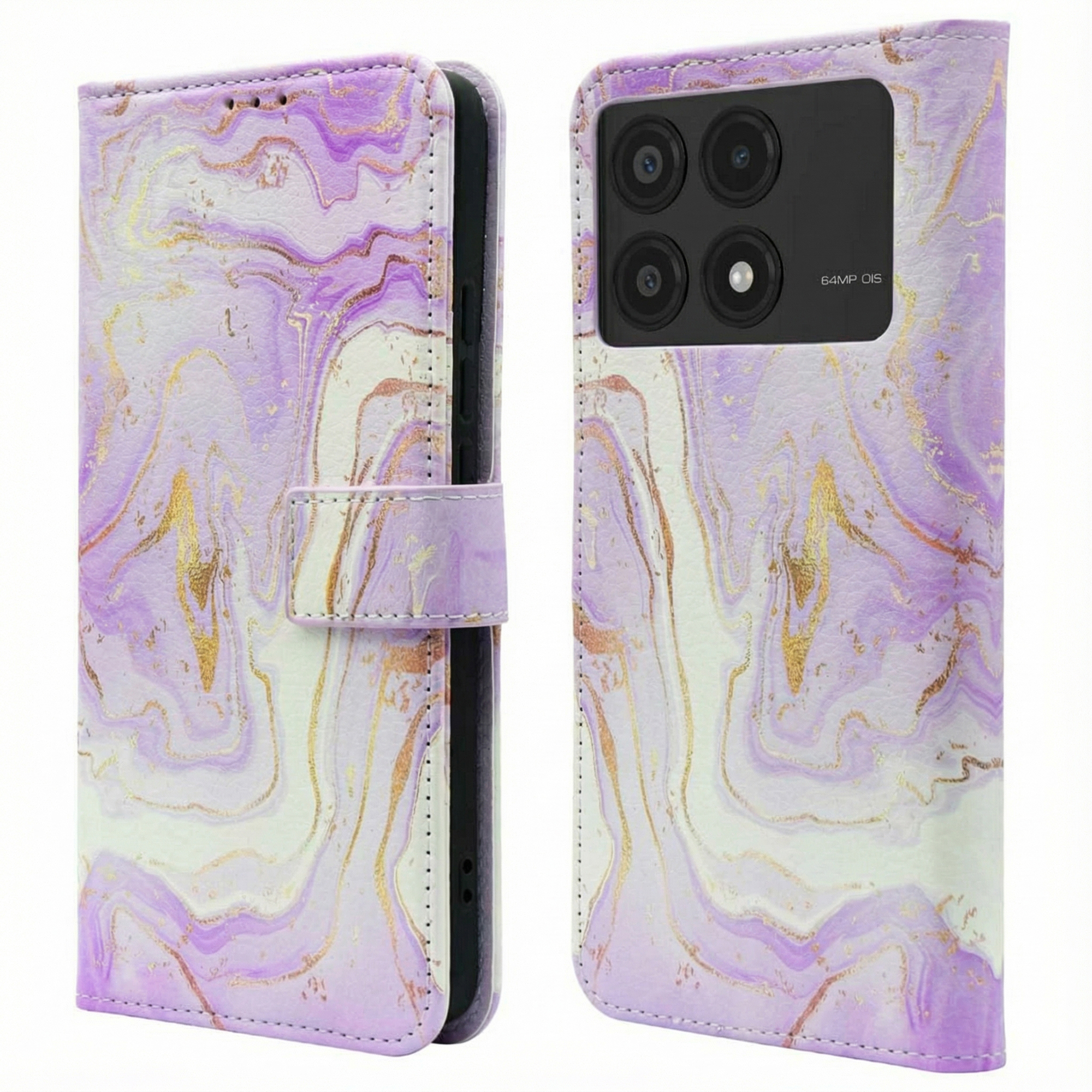 Étui de téléphone marbre violet avec veines dorées, ouvert et fermé.