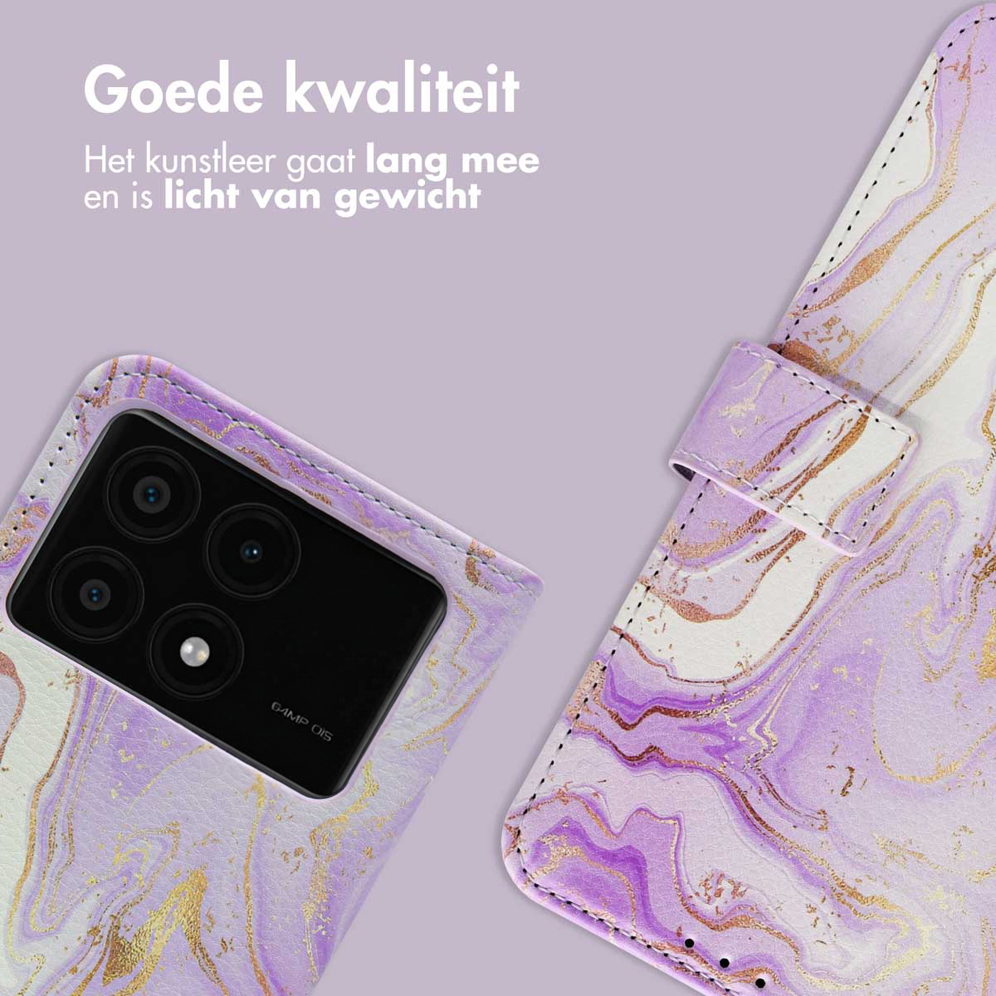 Étui de téléphone violet à motif marbre avec appareils photo. Accents blancs et dorés.