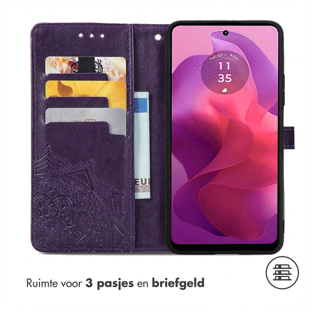 Paarse telefoonhoes met kaartsleuven, biljetvak en smartphone.