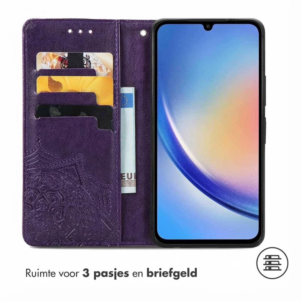 Paarse telefoonhoes met kaarthouders en geldvak.