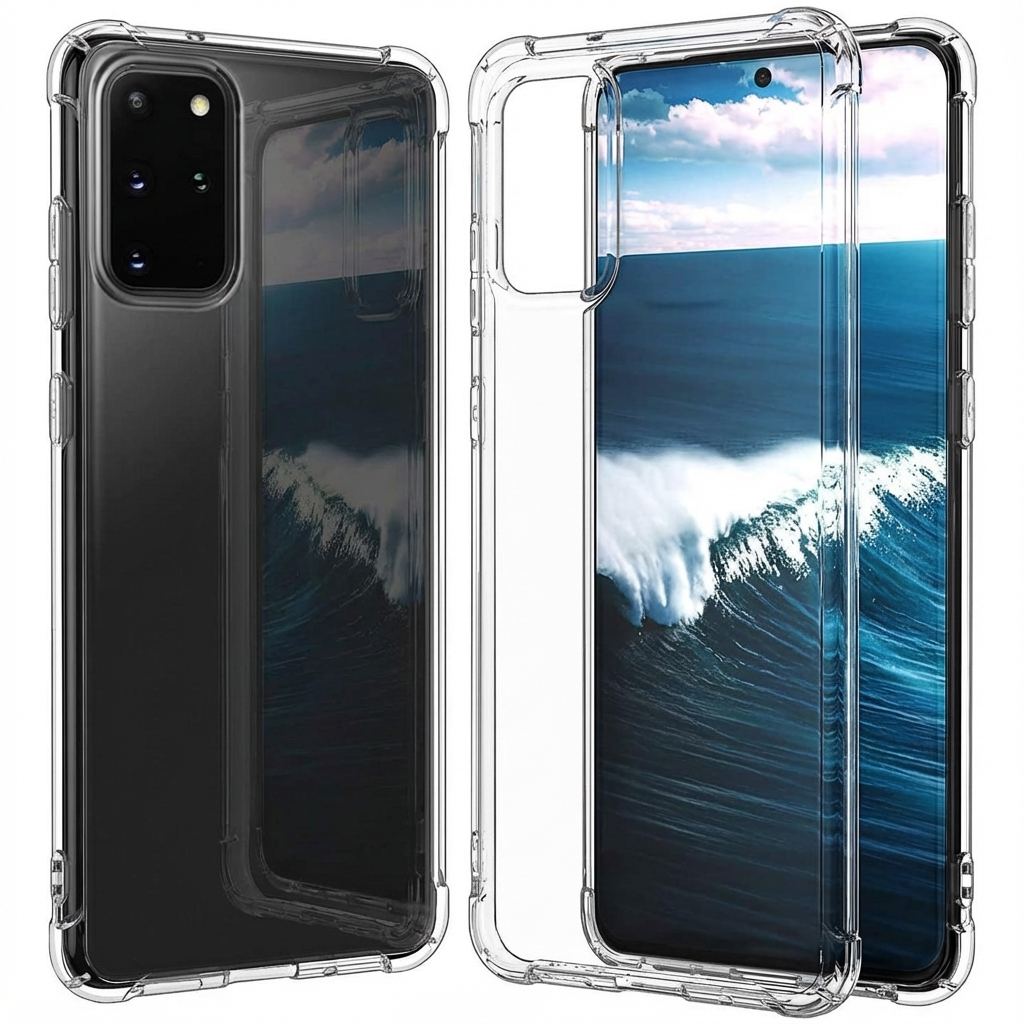 Twee doorzichtige telefoonhoesjes naast elkaar. Links toont achterkant, rechts voorkant met oceaangolven.