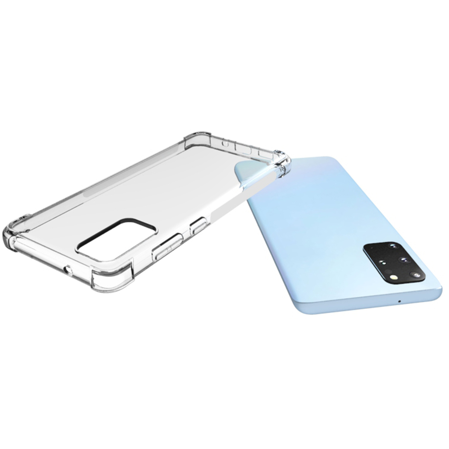 Een doorzichtige telefoonhoes ligt naast een lichtblauwe smartphone.
