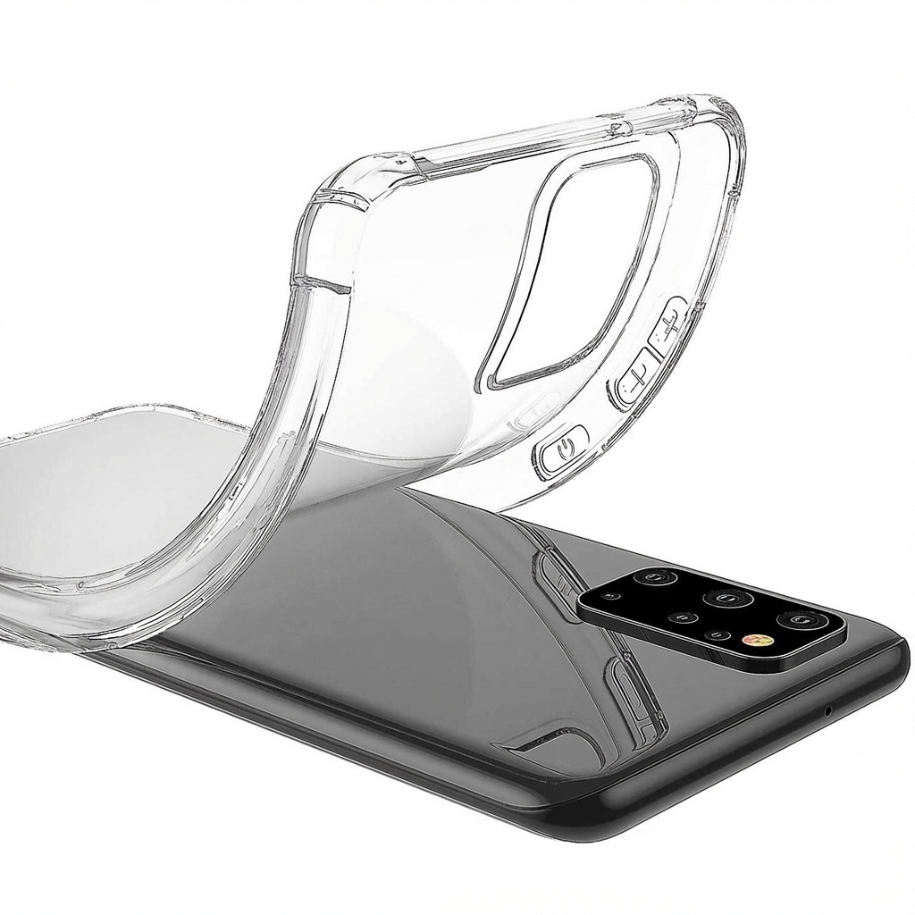 Een doorzichtige telefoonhoes over een donkere smartphone met een quad camera-opstelling.