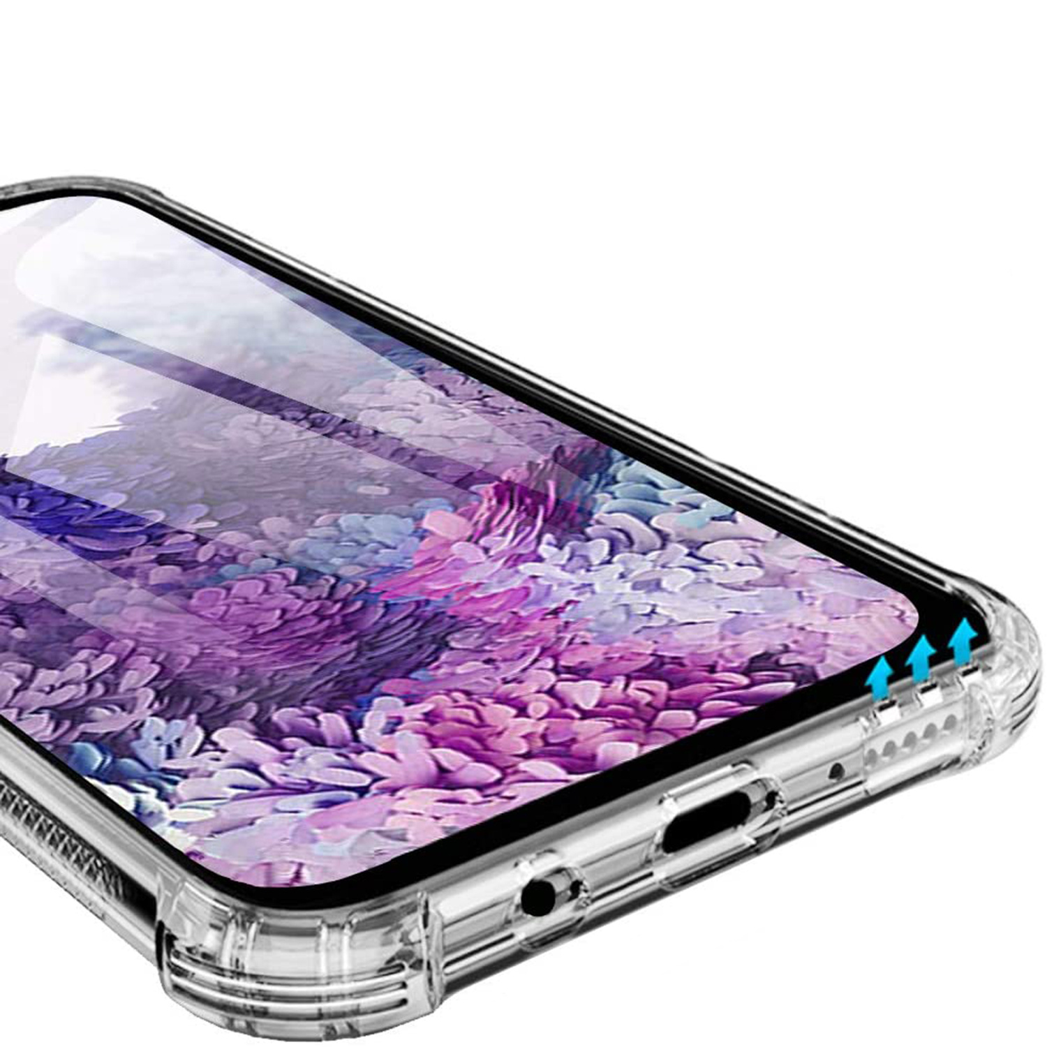 Doorzichtige telefoonhoes met paars patroon op scherm en blauwe pijlen.