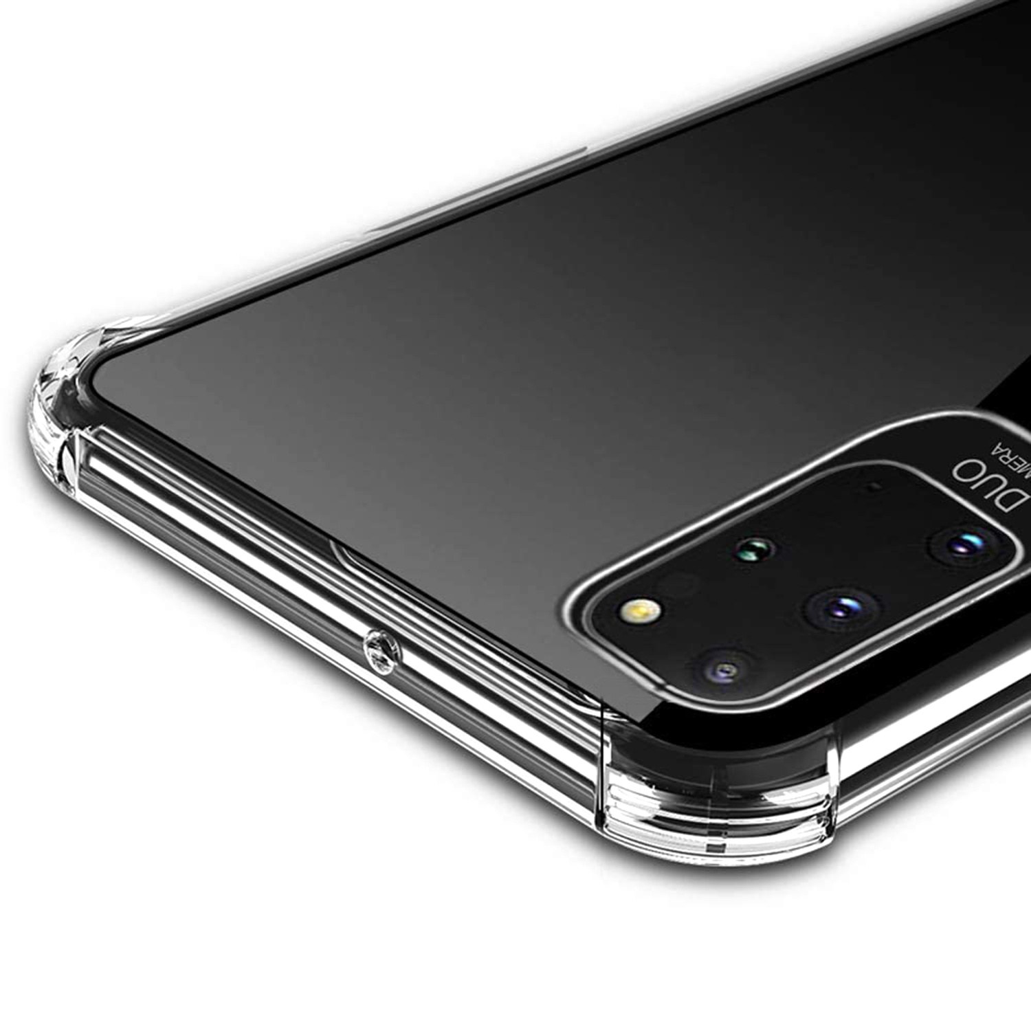 Doorzichtige telefoonhoes met quad camera en flitser op zwarte achtergrond.