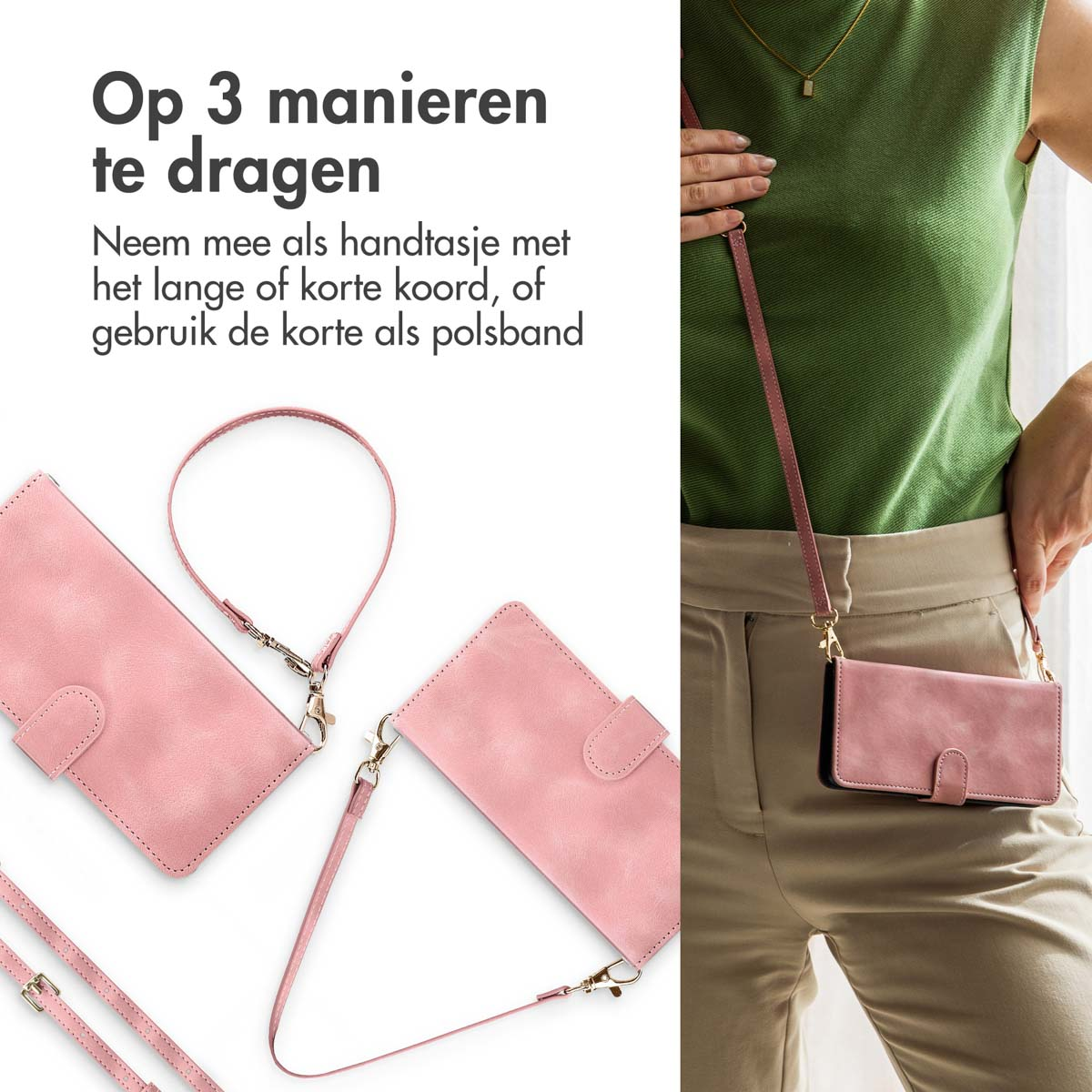 Étui de téléphone rose avec options de port : bandoulière, cordon court ou bracelet.