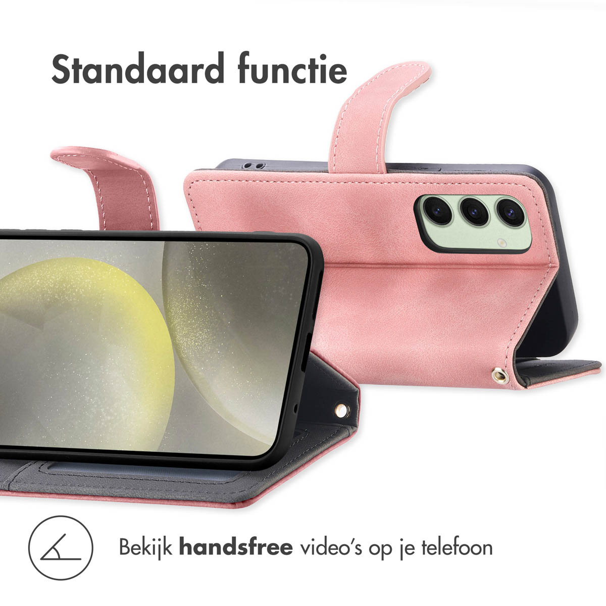 Étui rose pour téléphone en mode support, montrant l'écran et la caméra. Texte : Fonction standard.