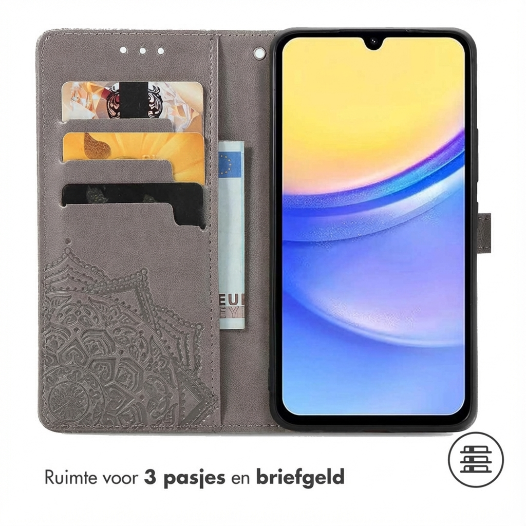 Grijze telefoonportemonnee met kaarthouders en geldvak. Telefoonscherm zichtbaar.