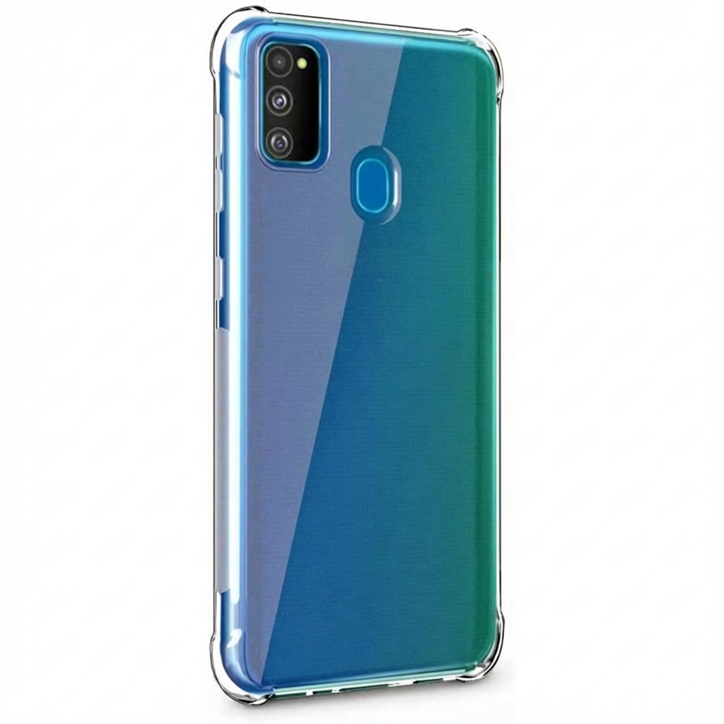 Custodia trasparente per telefono con sfumatura blu-verde e modulo fotocamera.