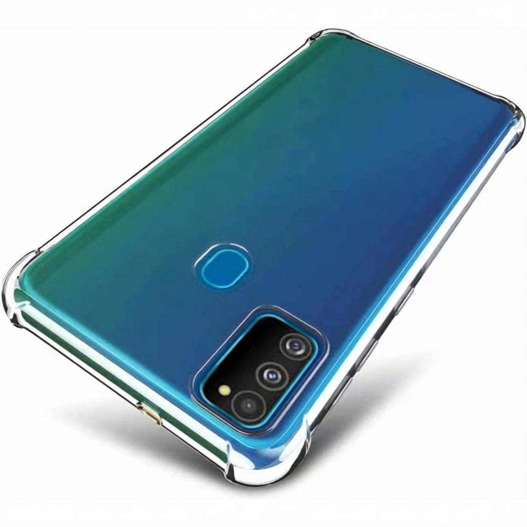 Una custodia trasparente per telefono con retro sfumato blu e verde.