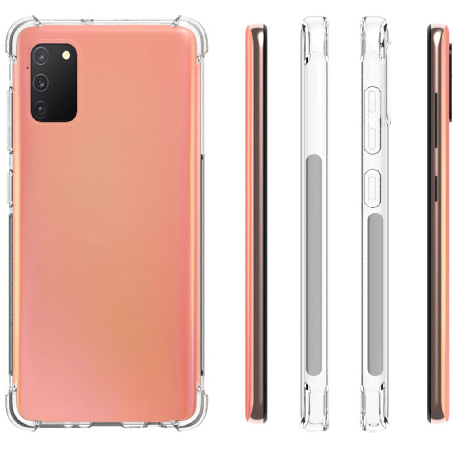 Una custodia trasparente per telefono su un telefono color oro rosa.