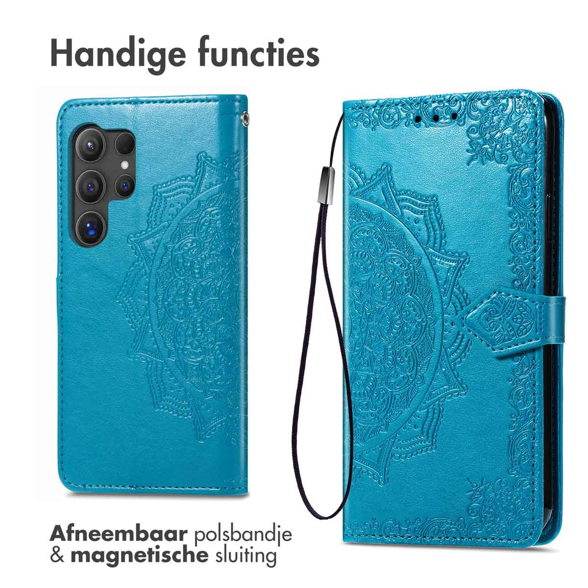 Blauwe telefoonhoes met mandala-reliëf, camera's en riempje.